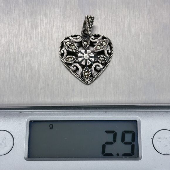 Vintage Sterling Silver 925 Milgrain Scroll Marcasite Open Heart Pendant - Picture 4 of 5